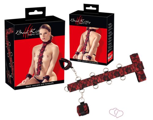 Bad Kitty - ázsia karok a nyakhoz kötöző szett (vörös-fekete) - Fetish eszközök