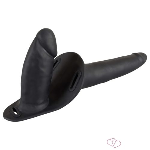 Felcsatolható, szilikon dildó-duó (fekete) - Felcsatolható játékszerek (strap-on)