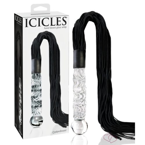 Icicles NO. 38 - Bőr Korbácsos, Hullámos Üveg Dildó (Áttetsző-Fekete) - OUTLET