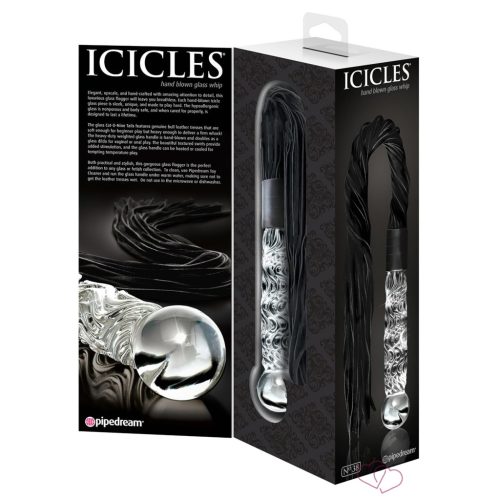 Icicles NO. 38 - Bőr Korbácsos, Hullámos Üveg Dildó (Áttetsző-Fekete) - OUTLET