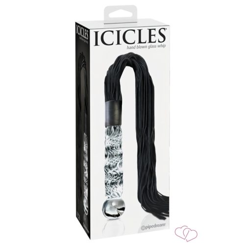 Icicles NO. 38 - Bőr Korbácsos, Hullámos Üveg Dildó (Áttetsző-Fekete) - OUTLET
