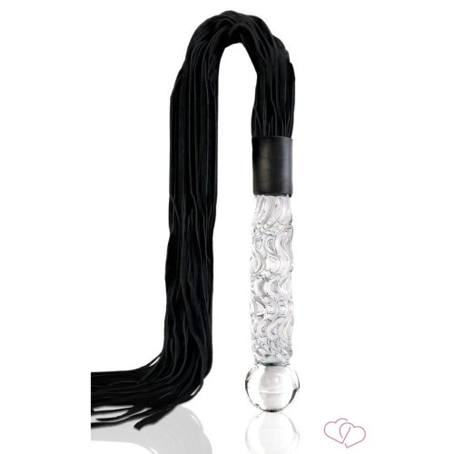 Icicles NO. 38 - Bőr Korbácsos, Hullámos Üveg Dildó (Áttetsző-Fekete) - OUTLET