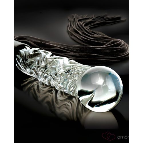 Icicles NO. 38 - Bőr Korbácsos, Hullámos Üveg Dildó (Áttetsző-Fekete) - OUTLET